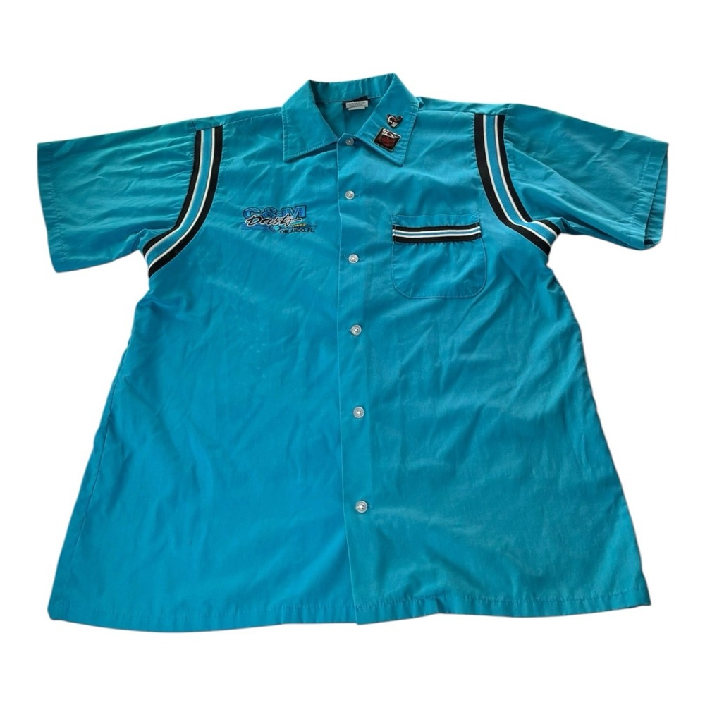 Vintage C&M Darts Orlando FL Hilton Bowling Shirt Mens Large Made USA Teal